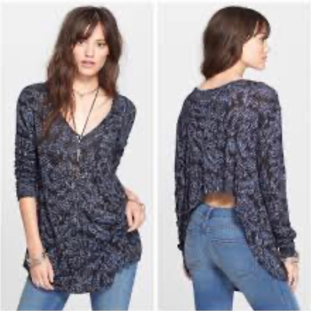Free People Printed Sahara Top in Black with Blue-Violet (size SMALL)